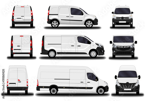 realistic cargo van. front view; side view; back view.