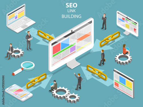 SEO link building flat isometric vector concept. Concept of SEO and digital marketing.