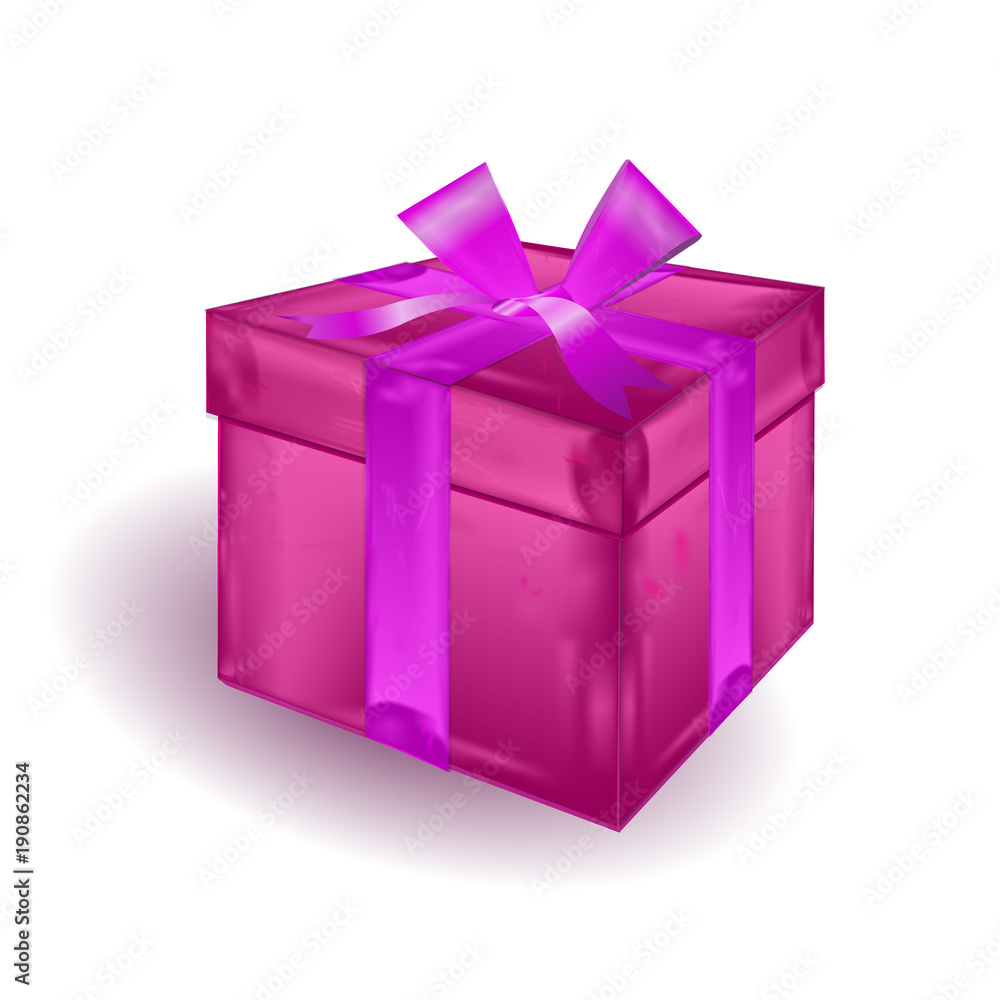 Obraz premium Festive gift box red or red-burgundy. Tied with pink ribbon with a bow on top.