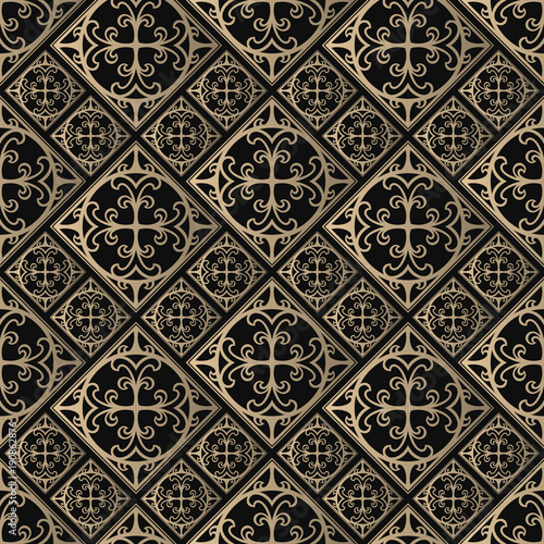 Seamless pattern oriental ornament. Black and golden textile print. Islamic vector design. Floral tiles.