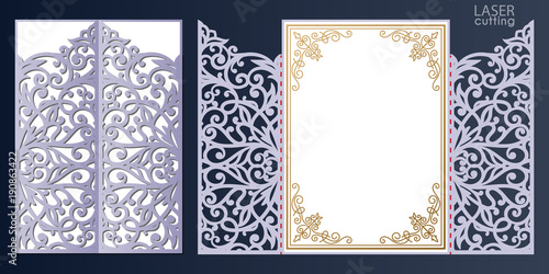 Laser cut wedding invitation card template vector. Die cut paper card with lace pattern. Cutout paper gate fold card for laser cutting or die cutting template. photo