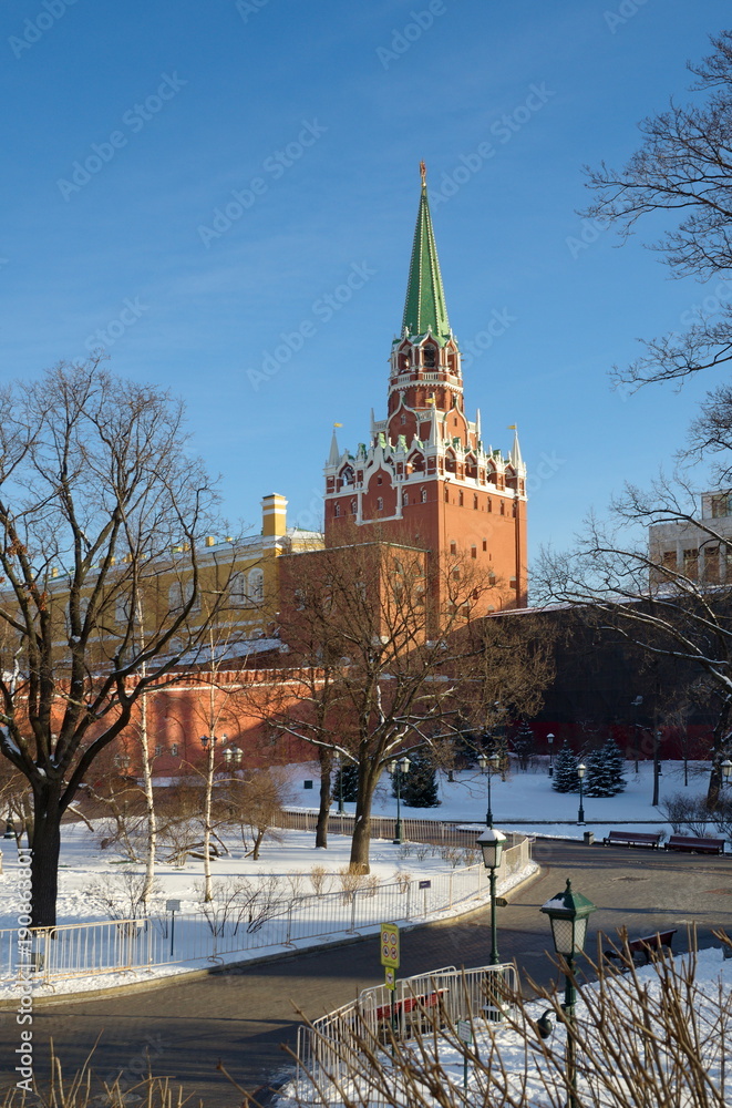 Alexander garden and Trinity tower of the Moscow Kremlin a Sunny winter day