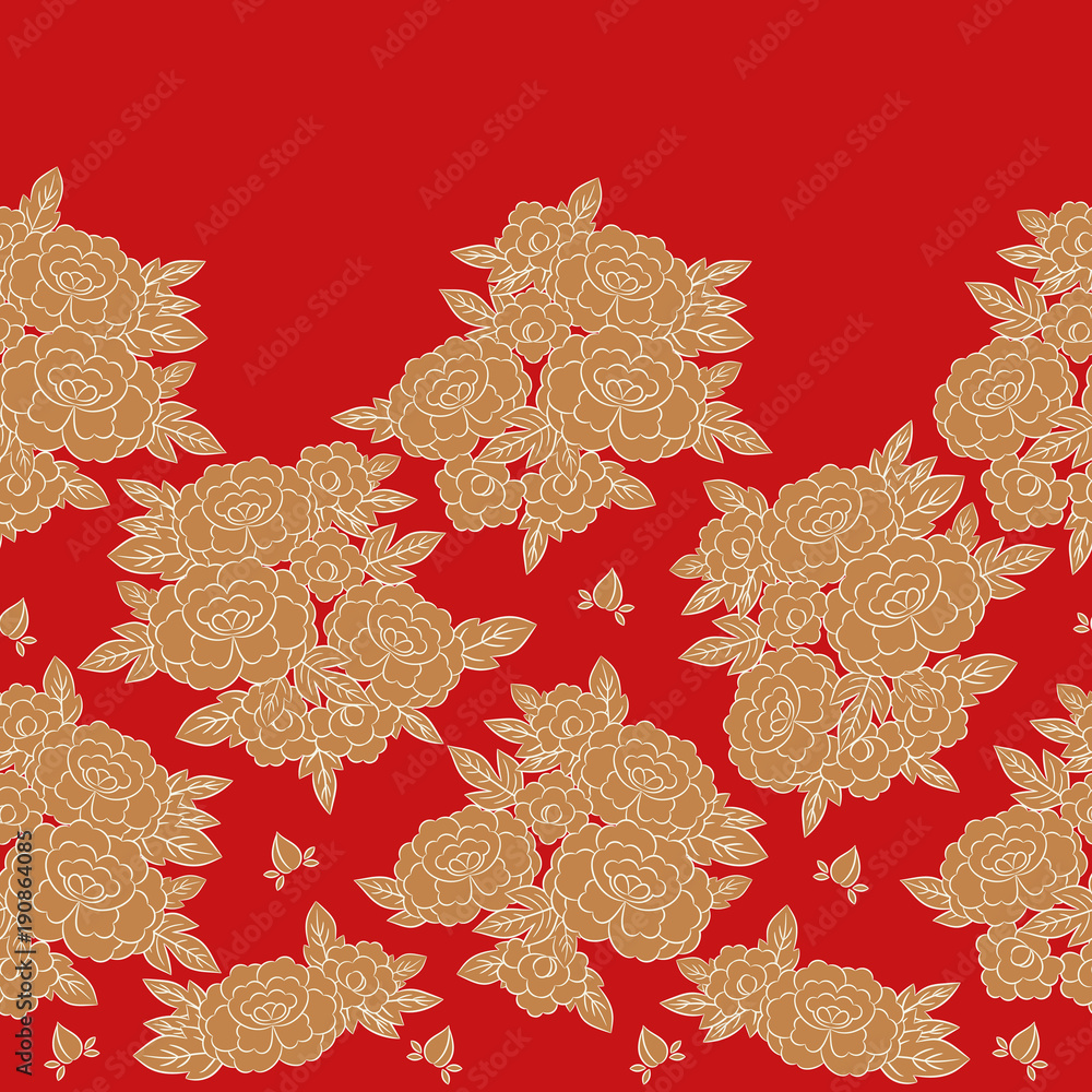 Peony japanese pattern seamless vector. Oriental border red floral  background. Vintage gold flower print for dress or skirt fabric, asian  kimono textile, woman scarf, tablecloth, bedlinen, wallpaper. Stock Vector  | Adobe Stock