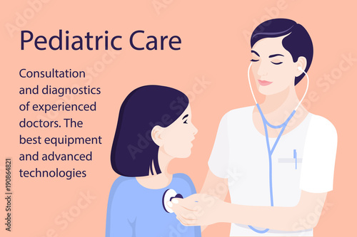 Pediatrician. A child doctor diagnoses a child with a stethoscope. Vector illustration
