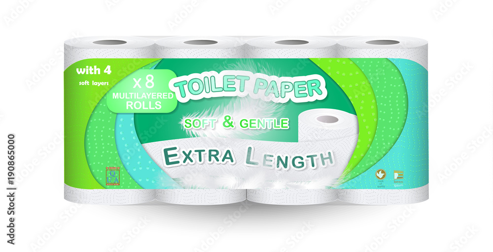 White toilet paper pack design isolated on white background. Paper roll