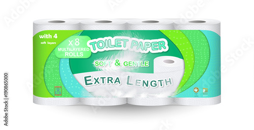 White toilet paper pack design isolated on white background. Paper roll package with soft layers. Easy style pastel shades. Feathers and soft pores. Can be used on web, flyers, banners, pack.