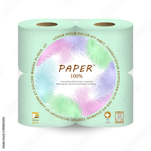 White toilet paper pack design isolated on white background. Paper roll package with soft layers. Easy style pastel shades. Feathers and soft pores. Can be used on web, flyers, banners, pack.