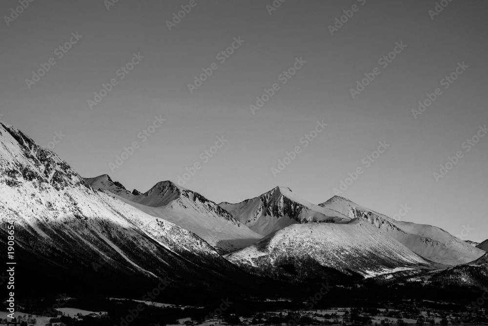 Mountains and fjords norway black and white
