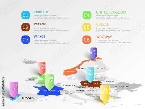 Europe colorful infographic map with points isolated on white background. Easy to use flyers, banners or web design. Infographics, marketing and business data. Vector illustration. EPS 10.