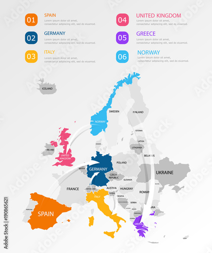 Europe colorful infographic map with points isolated on white background. Easy to use flyers, banners or web design. Infographics, marketing and business data. Vector illustration. EPS 10.