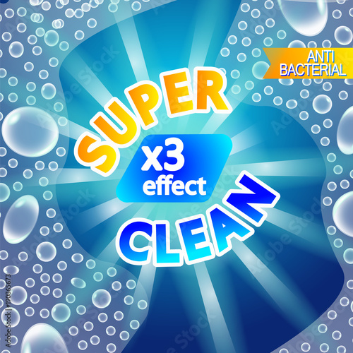 High quality laundry detergent template. Packaging laundry illustration. Eco, smart clean and wash detergent. Green yellow and blue detergent style with shine bubbles and water Vector EPS 10