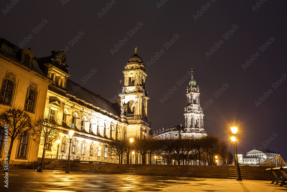 Night view of the Old Town architecture with Elbe river embankment in Dresden, Saxony, Germany