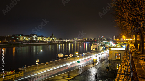 old German city of Dresden on the river Elbe at night