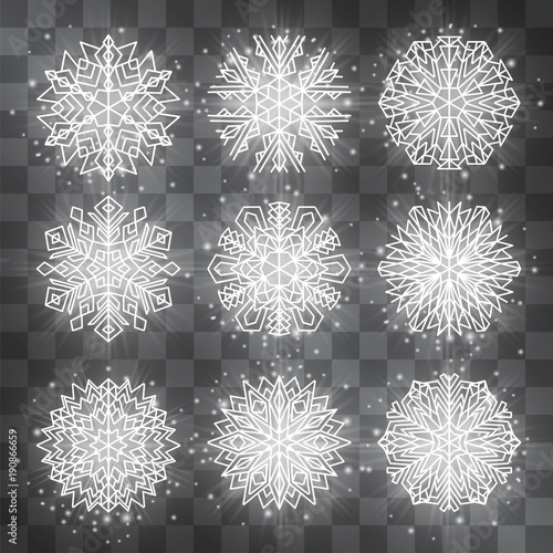Snowflake lacy vector set, gentle feminine decor, fragile ice sparkles, papercut hand made winter crystals. Magical fairy tale elegant silver pieces.