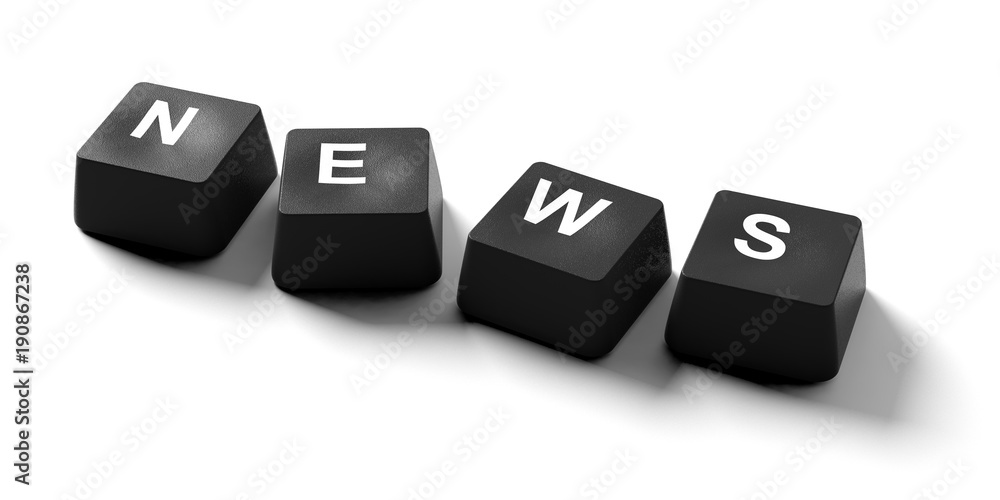 News online. Word news on keyboard keys on white background, banner, view from above. 3d illustration News online. Word news on keyboard keys on white background, banner, view from above. 3d illustration