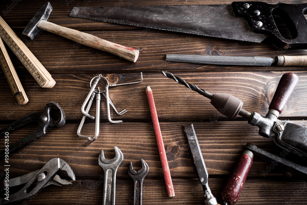 woodworking tools on wooden table woodworking tools on wooden table