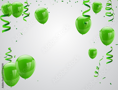 Celebration party banner with Green balloons isolated on white background. confetti and ribbons. Vector illustration