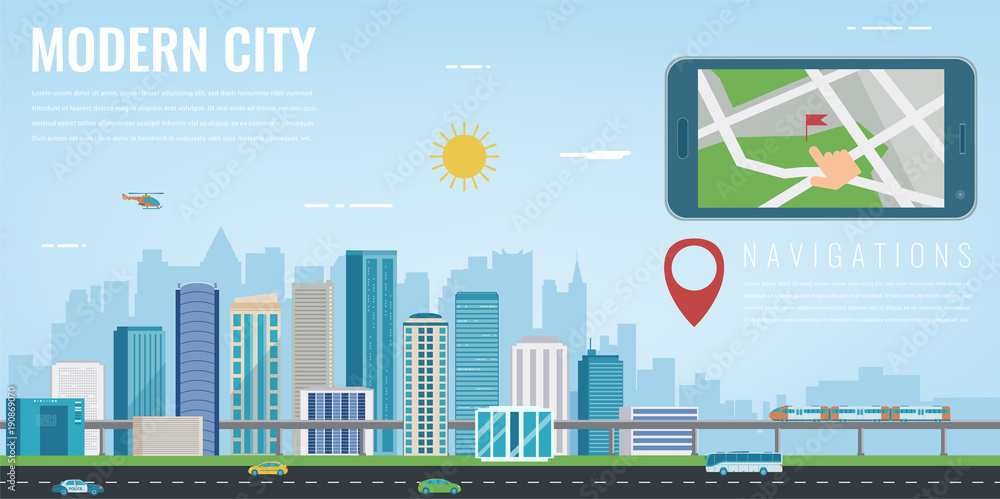 Smart city navigation. Smart phone with city location. Modern city background. Vector