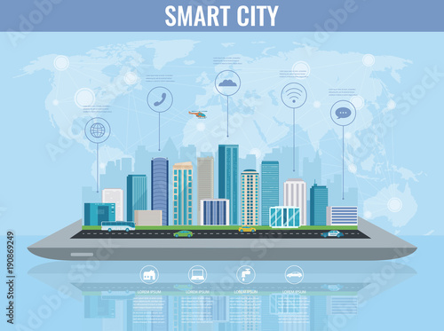 Smart city on a digital touch screen tablet with different icon. City with infographic elements. Vector