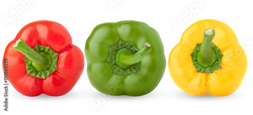 three colorful sweet pepper, red green, yellow, paprika, clipping path, isolated on white background, full depth of field