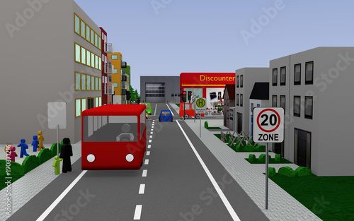 Stadtansicht mit einer Schule, Straßenschildern, Autos, Fußgängern und Geschäften.