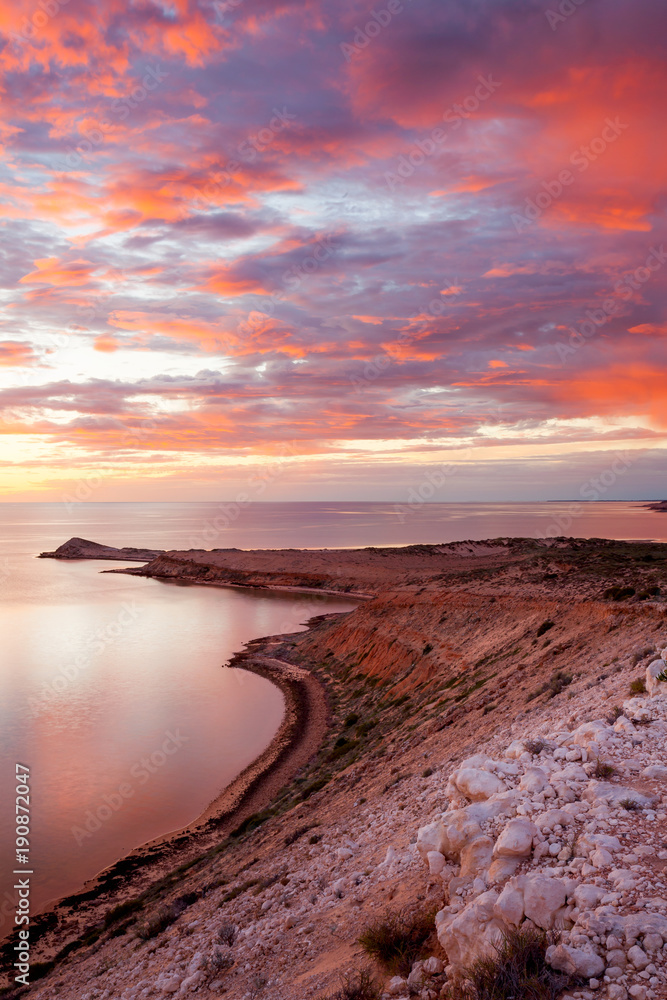 Sunset at Eagle Bluff. Eagle Bluff features a spectacularly high cliff that overlooks the Denham Sound near Shark Bay. Denham, Coral Bay, Western Australia, Australia.