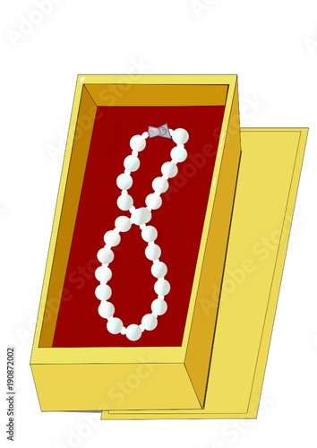 Gargantilla de perlas en joyero dorado con fondo de terciopelo rojo.