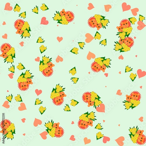 Fototapeta Naklejka Na Ścianę i Meble -  Lion and lioness with bouquet of dandelion - seamless cartoon animal and flower cute pattern in pastel colors orange, yellow and green - with sweet hearts