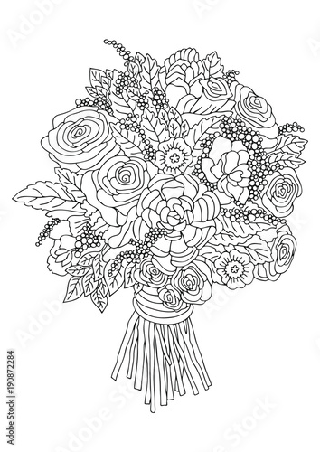 Hand drawn bouquet with roses. Sketch for anti-stress adult coloring book in zen-tangle style. Vector illustration for coloring page, isolated on white background.