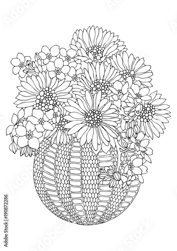 Hand drawn bouquet with sunflowers. Sketch for anti-stress adult coloring book in zen-tangle style. Vector illustration for coloring page, isolated on white background.