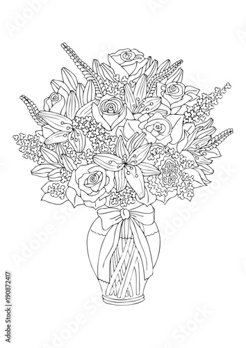 Hand drawn bouquet with roses and lilies.. Sketch for anti-stress adult coloring book in zen-tangle style. Vector illustration for coloring page, isolated on white background.