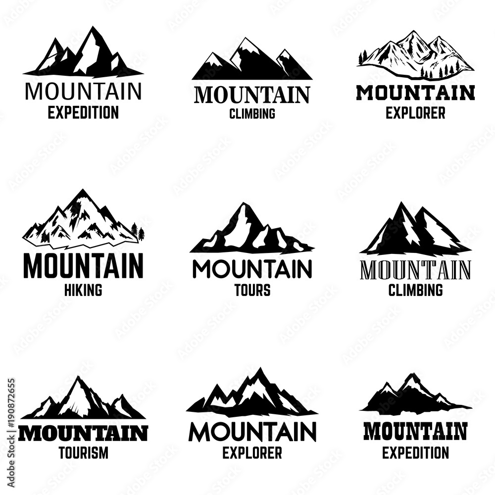 Set of mountain icons isolated on light background. Design elements for logo, label, emblem, sign.