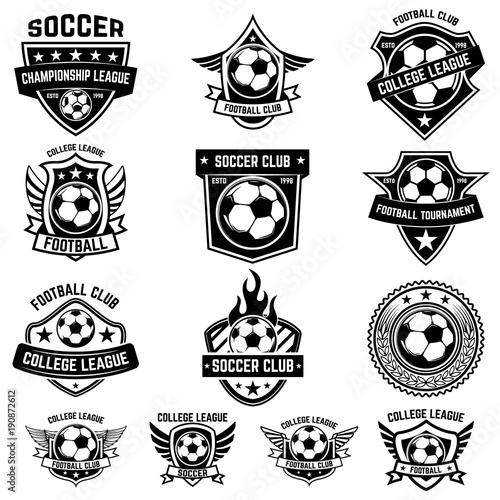 Set of winged emblems with soccer ball. Design element for logo, label, emblem, sign.