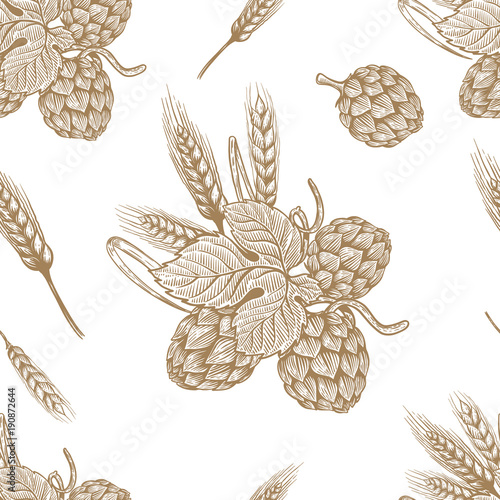 Seamless pattern with hand drawn beer hop. Design element for poster, card, banner, flyer.
