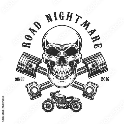 Road nightmare. Human skull with crossed pistons. Design element for logo, label, emblem, sign, t shirt print.