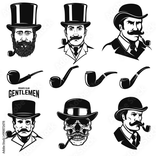 Set of gentleman's head with smoking pipes. Design elements for logo, label, emblem, sign.