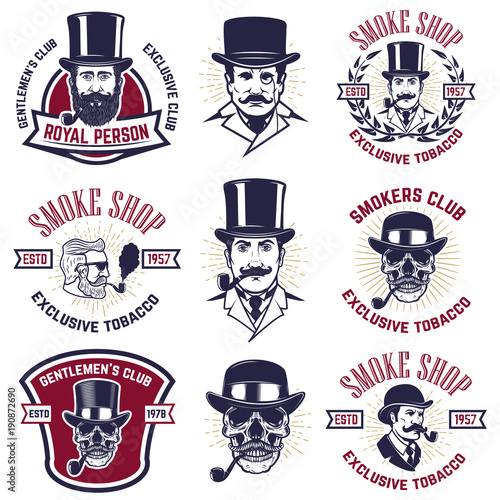 Set of smokers club emblems. Vintage gentlemans portraits with smoking pipes. Design element for logo, label, emblem, sign, poster, banner.