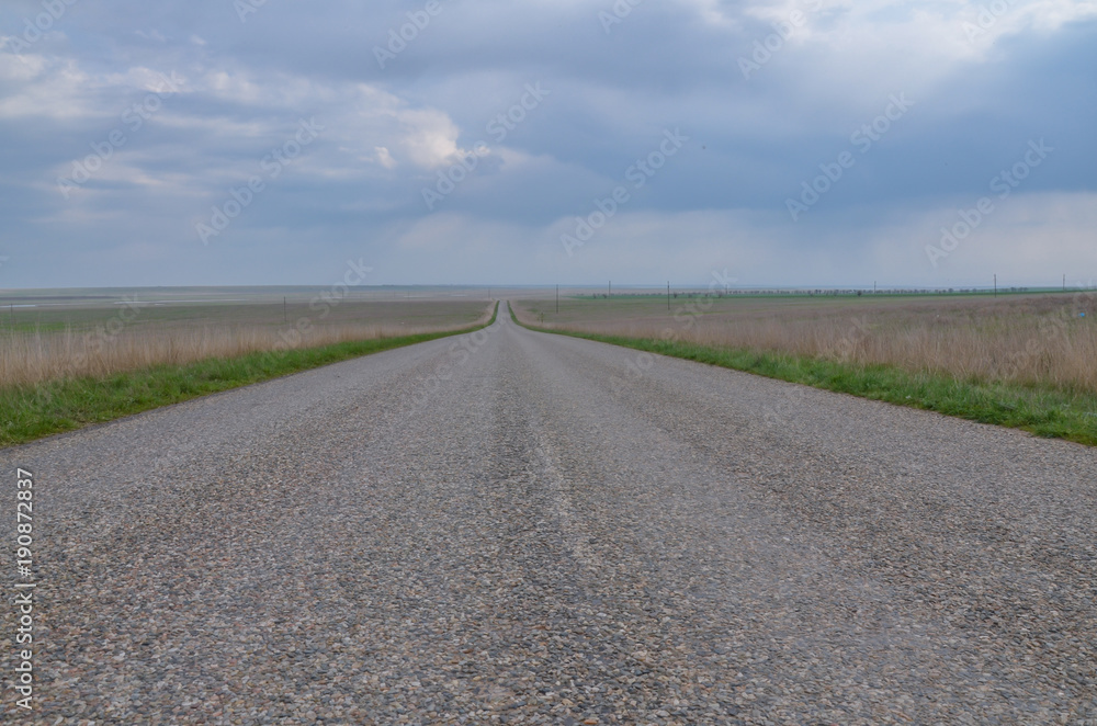 empty straight road in steppe near salt lake Manych-Gudilo Yashalta, Republic of Kalmykia, Russia