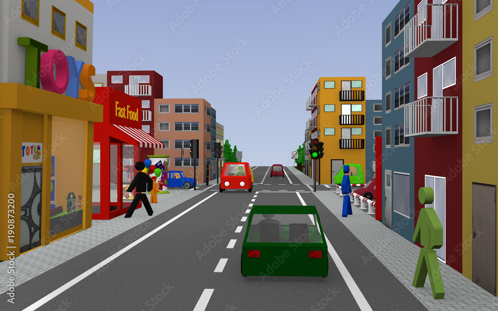 Obraz premium Stadtansicht mit grüner Ampel, Häusern, Autos, Fußgängern und Geschäften. 3d render