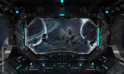 Fototapeta Naklejka Na Ścianę i Meble -  Spaceship grunge interior with view on exoplanet