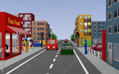 Stadtansicht mit grüner Ampel Kreuzung, Häusern, Autos, Fußgängern und Geschäften. 3d render