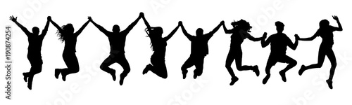 People holding hands in a jump silhouette