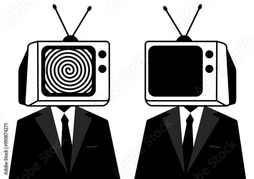 People instead of head TV, silhouette. Man zombie, mass media.