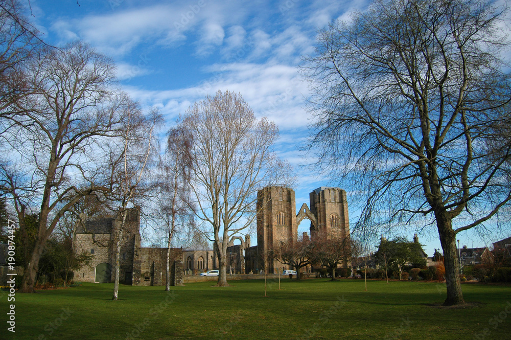 Elgin parkland and skyline with cathedral ruins visible, Scotland