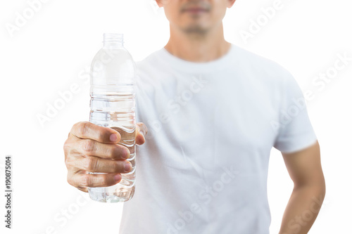 Man holding drinking water bottle isolated on white background