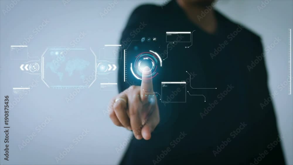4K Hand of business woman pointing to HUD user interface for futuristic dark and grain processed