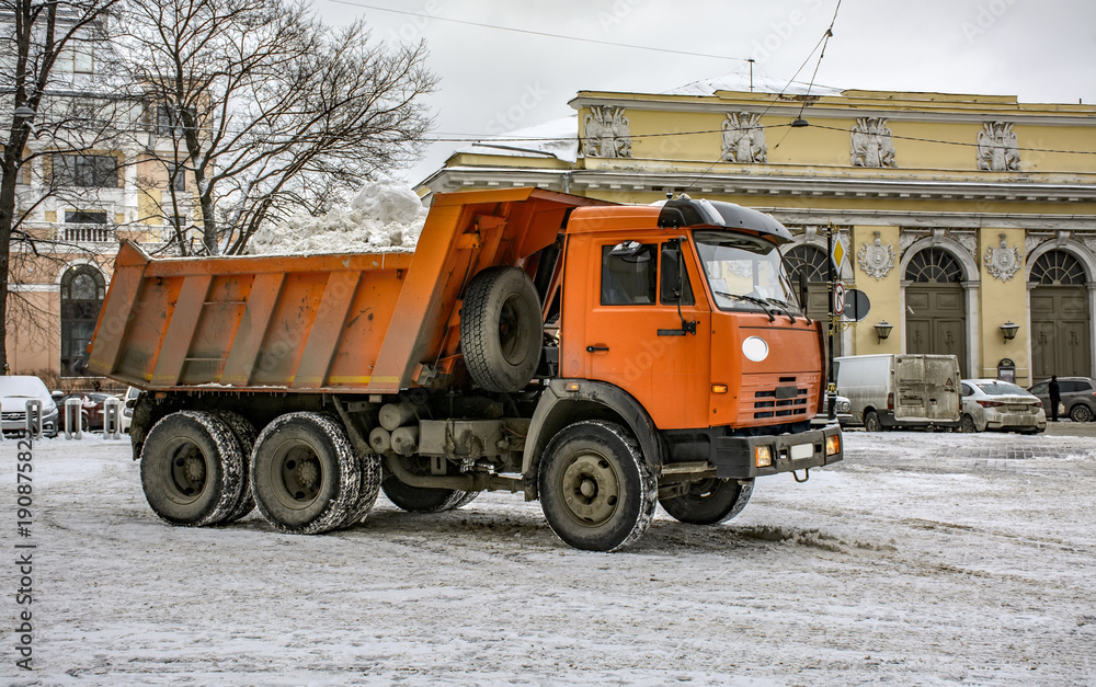 Snow removal on the town square in Saint-Petersburg. Snow removal equipment. Snow removal on the town square in Saint-Petersburg. Snow removal equipment.
