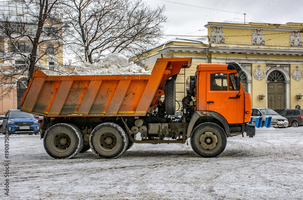 Snow removal on the town square in Saint-Petersburg. Snow removal equipment. Snow removal on the town square in Saint-Petersburg. Snow removal equipment.
