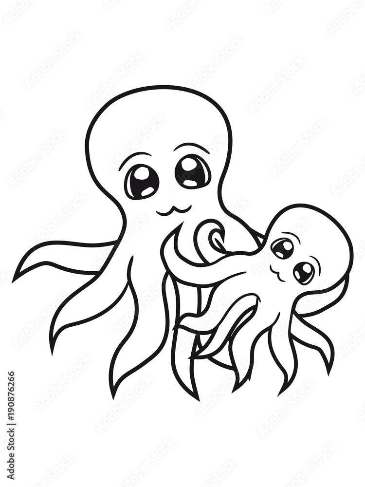 Fototapeta premium familie mama papa junges kind süß niedlich qualleklein baby oktopus tentakel unterwasser tintenfisch riesenkrake kraken comic cartoon design clipart
