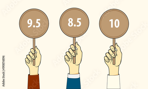 Three hands hold up scorecards. Competition, quiz, exam concept. Vector  illustration